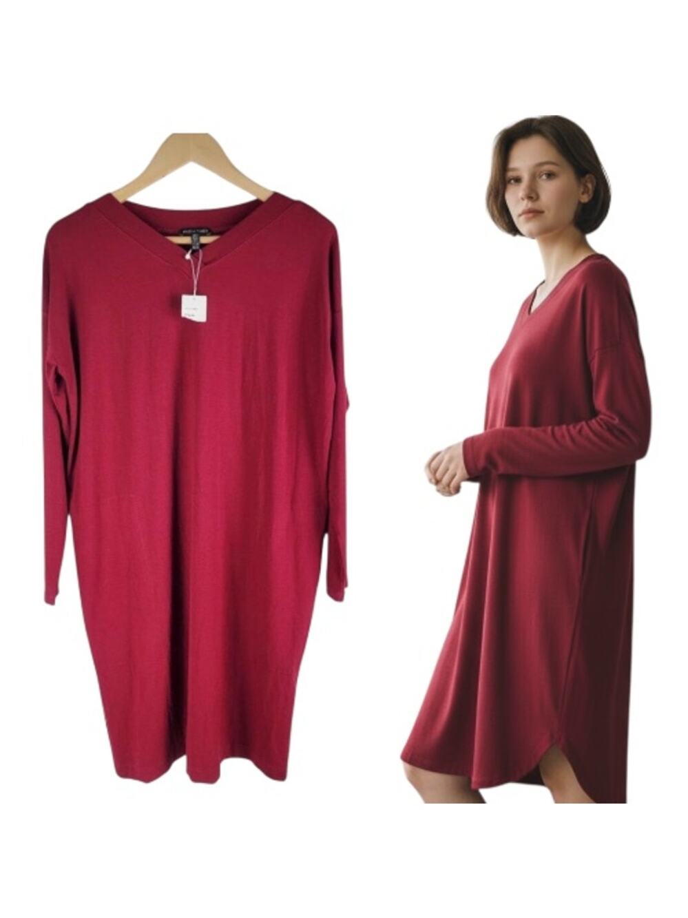 NEW Eileen Fisher viscose jersey dress long sleeve red size XS